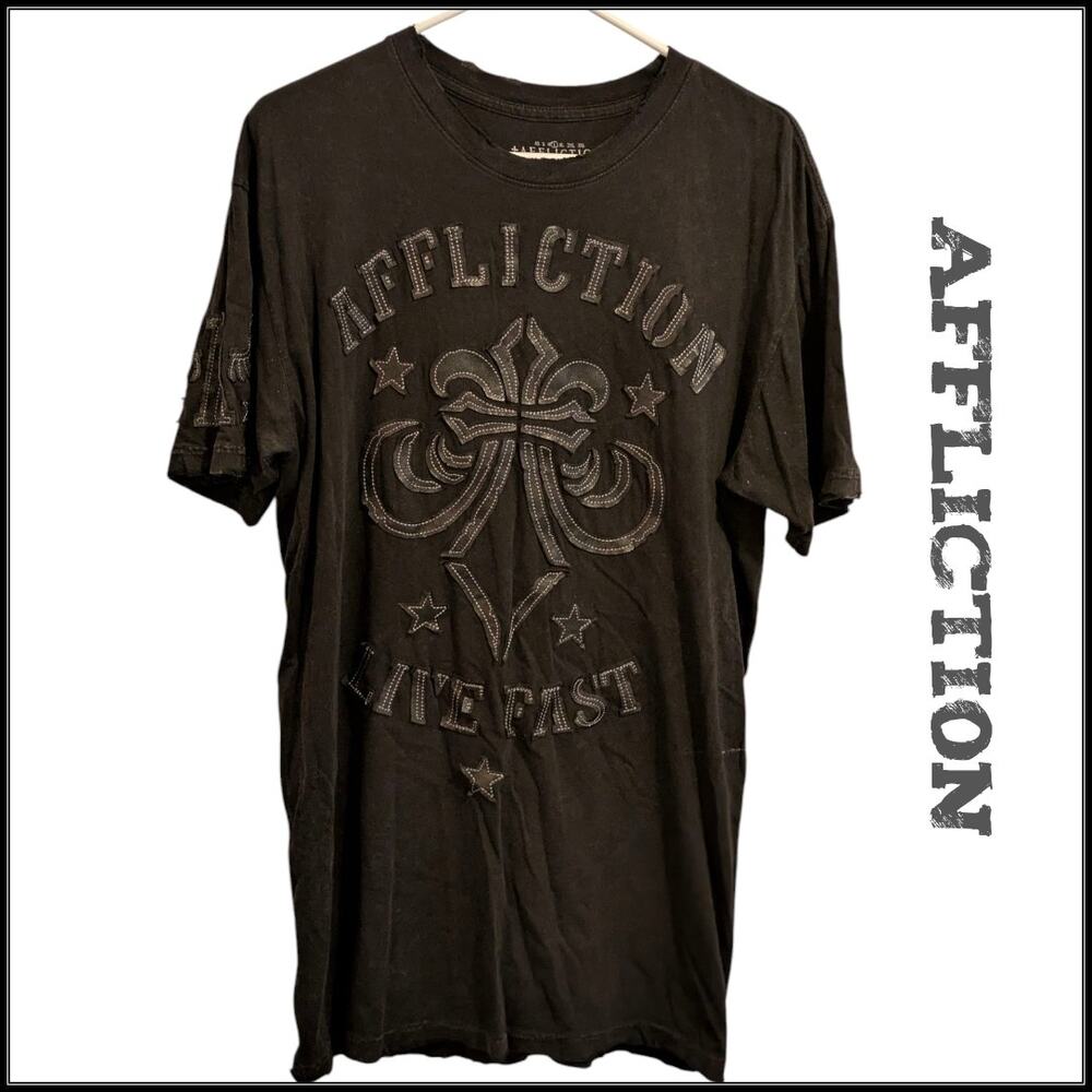 AFFLICTION Live Fast Black Leather Graphic Print Thick Stitch T-Shirt Men's L